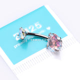 Detail View 4 of Double Heart Sparkle Prong Internally Threaded Belly Button Ring-Aurora Borealis