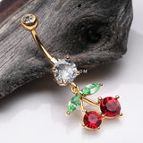 Detail View 2 of Golden Luscious Cherry Sparkle Belly Button Ring-Clear Gem/Red
