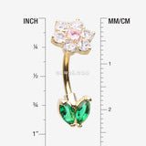 Detail View 1 of Golden Blooming Sparkle Spring Flower Belly Button Ring-Clear Gem/Pink/Green