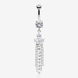 Tri-Marquise Floral Leaf Sparkles Chain Drop Belly Button Ring