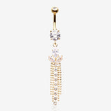 Golden Tri-Marquise Floral Leaf Sparkles Chain Drop Belly Button Ring-Clear Gem