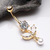 Detail View 2 of Golden Marquise Sparkle Leaflet Gem Pearlescent Dangle Belly Button Ring-Clear Gem