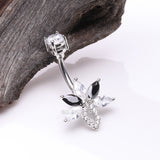 Detail View 2 of Marquise Brilliance Leaflet Flower Sparkle Belly Button Ring-Clear Gem/Black