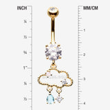 Detail View 1 of Golden Adorable Cloud Rainy Sparkles Belly Button Ring-Clear Gem/Pink/Aqua