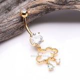 Detail View 2 of Golden Adorable Cloud Rainy Sparkles Belly Button Ring-Clear Gem/Pink/Aqua