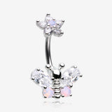 Spring Essence Butterfly Flower Sparkle Belly Button Ring-Clear Gem/Rose Quartz