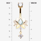 Detail View 1 of Golden Glistening Lotus Sparkle Dangle Belly Button Ring-Clear Gem/Aqua