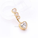 Detail View 2 of Golden Brilliant Sparkle Cascading Heart Drop Top Belly Button Ring-Clear Gem
