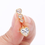 Detail View 3 of Golden Brilliant Sparkle Cascading Heart Drop Top Belly Button Ring-Clear Gem