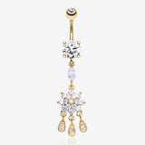 Golden Mandala Flower Sparkle Teardrop Dangle Belly Button Ring-Clear Gem