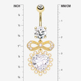 Detail View 1 of Golden Bubbly Heart Sparkle Bow-Tie Dangle Belly Button Ring-Clear Gem
