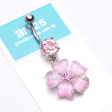 Detail View 4 of Shimmering Flower Heart Petal Sparkle Dangle Belly Ring-Pink