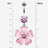 Detail View 1 of Shimmering Flower Heart Petal Sparkle Dangle Belly Ring-Pink