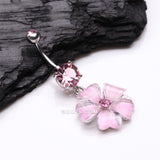 Detail View 2 of Shimmering Flower Heart Petal Sparkle Dangle Belly Ring-Pink