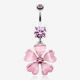 Shimmering Flower Heart Petal Sparkle Dangle Belly Ring-Pink