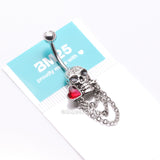 Detail View 4 of Death Skull Heart Sparkle Chained Dangle Belly Button Ring-Clear Gem/Red