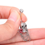 Detail View 3 of Death Skull Heart Sparkle Chained Dangle Belly Button Ring-Clear Gem/Red