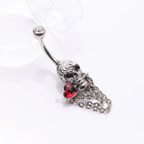 Detail View 2 of Death Skull Heart Sparkle Chained Dangle Belly Button Ring-Clear Gem/Red