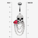 Detail View 1 of Death Skull Heart Sparkle Chained Dangle Belly Button Ring-Clear Gem/Red