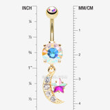 Detail View 1 of Golden Iridescent Sparkle Moon and Star Dangle Belly Button Ring-Aurora Borealis/Clear Gem