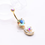 Detail View 2 of Golden Iridescent Sparkle Moon and Star Dangle Belly Button Ring-Aurora Borealis/Clear Gem