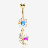 Golden Iridescent Sparkle Moon and Star Dangle Belly Button Ring-Aurora Borealis/Clear Gem