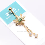 Detail View 4 of Golden Cannabis Pot Leaf Sparkle Chained Dangle Belly Button Ring-Clear Gem/Green