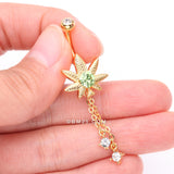 Detail View 3 of Golden Cannabis Pot Leaf Sparkle Chained Dangle Belly Button Ring-Clear Gem/Green