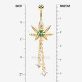 Detail View 1 of Golden Cannabis Pot Leaf Sparkle Chained Dangle Belly Button Ring-Clear Gem/Green