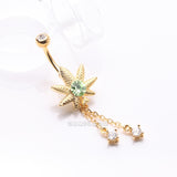 Detail View 2 of Golden Cannabis Pot Leaf Sparkle Chained Dangle Belly Button Ring-Clear Gem/Green