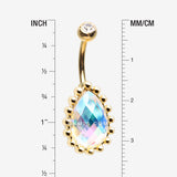 Detail View 1 of Golden Luscious Aurora Multi-Faceted Sparkle Teardrop Belly Button Ring-Aurora Borealis/Clear Gem