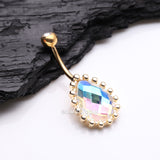 Detail View 2 of Golden Luscious Aurora Multi-Faceted Sparkle Teardrop Belly Button Ring-Aurora Borealis/Clear Gem