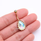 Detail View 3 of Golden Luscious Aurora Multi-Faceted Sparkle Teardrop Belly Button Ring-Aurora Borealis/Clear Gem