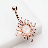 Detail View 2 of Rose Gold Blazing Opal Sun Belly Button Ring-Aurora Borealis/White