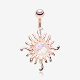 Rose Gold Blazing Opal Sun Belly Button Ring-Aurora Borealis/White
