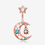 Rose Gold Celestial Opal Moon Star Belly Button Ring-Teal/White