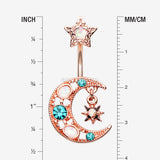 Detail View 1 of Rose Gold Celestial Opal Moon Star Belly Button Ring-Teal/White