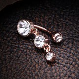 Detail View 3 of Rose Gold Brilliant Sparkle Triple Gem Reverse Belly Button Ring-Clear Gem