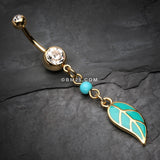 Detail View 2 of Golden Vibrant Charming Leaf Belly Button Ring-Clear Gem
