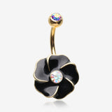 Golden Black Hibiscus Flower Sparkle Belly Button Ring-Aurora Borealis/Black