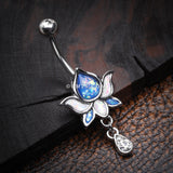 Detail View 2 of Lotus Zen Opalescent Sparkle Belly Button Ring-Clear Gem/Blue/White