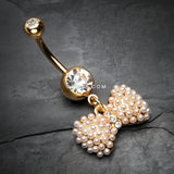Detail View 2 of Golden Pearlescent Bow-Tie Sparkle Belly Button Ring-Clear Gem