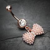 Detail View 2 of Rose Gold Pearlescent Bow-Tie Sparkle Belly Button Ring-Clear Gem