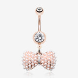 Rose Gold Pearlescent Bow-Tie Sparkle Belly Button Ring-Clear Gem