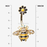 Detail View 1 of Golden Bumblebee Daisy Top Belly Button Ring-Clear Gem/Aqua