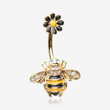 Golden Bumblebee Daisy Top Belly Button Ring-Clear Gem/Aqua