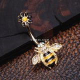 Detail View 2 of Golden Bumblebee Daisy Top Belly Button Ring-Clear Gem/Aqua