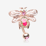 Rose Gold Vintage Floral Wasp Reverse Belly Button Ring-Pink/Aurora Borealis