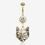 Golden Mystique Kitty Cat Sparkle Belly Button Ring-Clear Gem