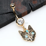 Detail View 2 of Golden Mystique Kitty Cat Sparkle Belly Button Ring-Clear Gem